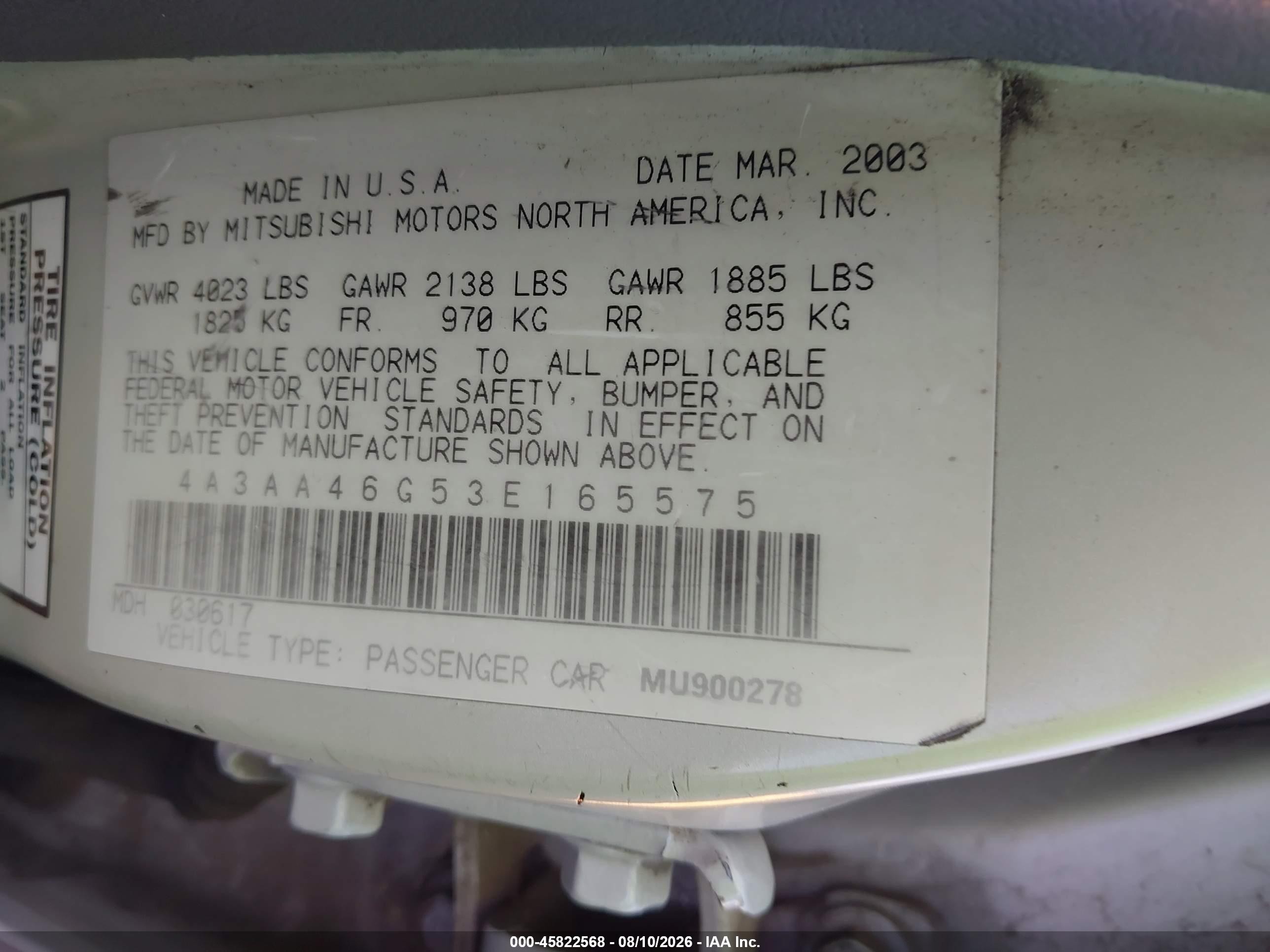 2003 Mitsubishi Galant Es/ls Silver vin: 4A3AA46G53E165575