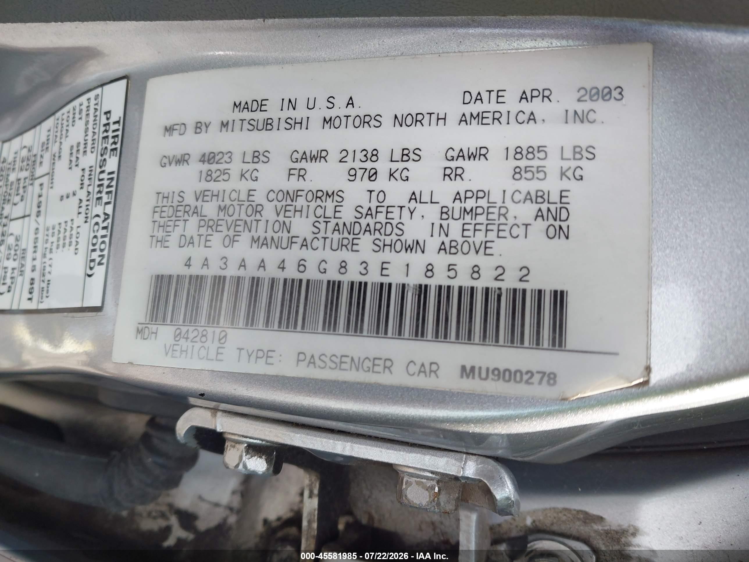 2003 Mitsubishi Galant Es/ls Silver vin: 4A3AA46G83E185822