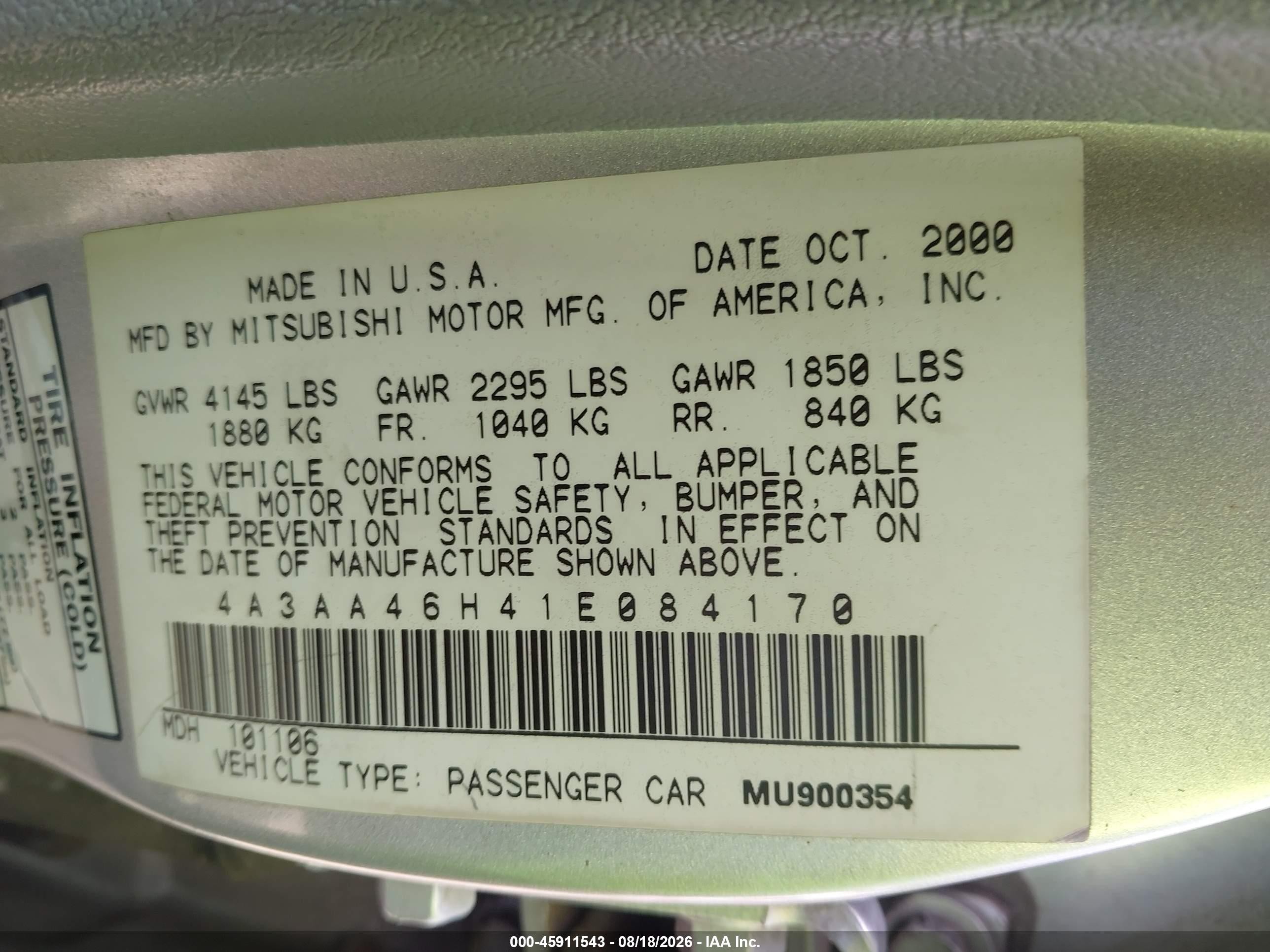 2001 Mitsubishi Galant Es V6/gtz Silver vin: 4A3AA46H41E084170