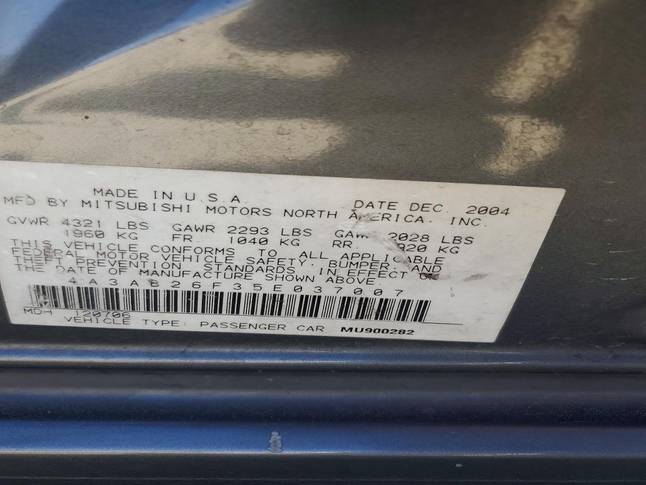 2005 Mitsubishi Galant De Gray vin: 4A3AB26F35E037007