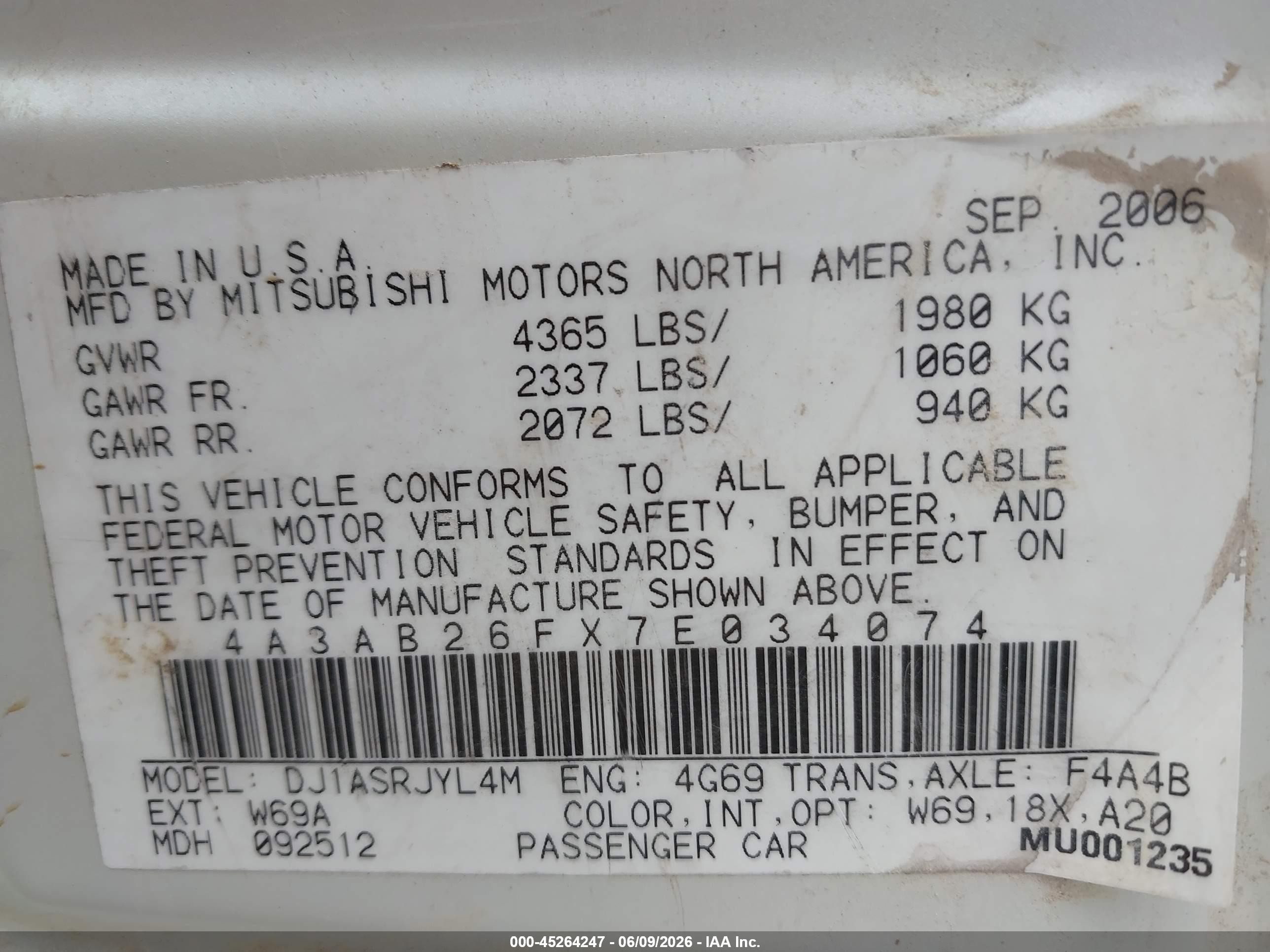2007 Mitsubishi Galant De Tan vin: 4A3AB26FX7E034074