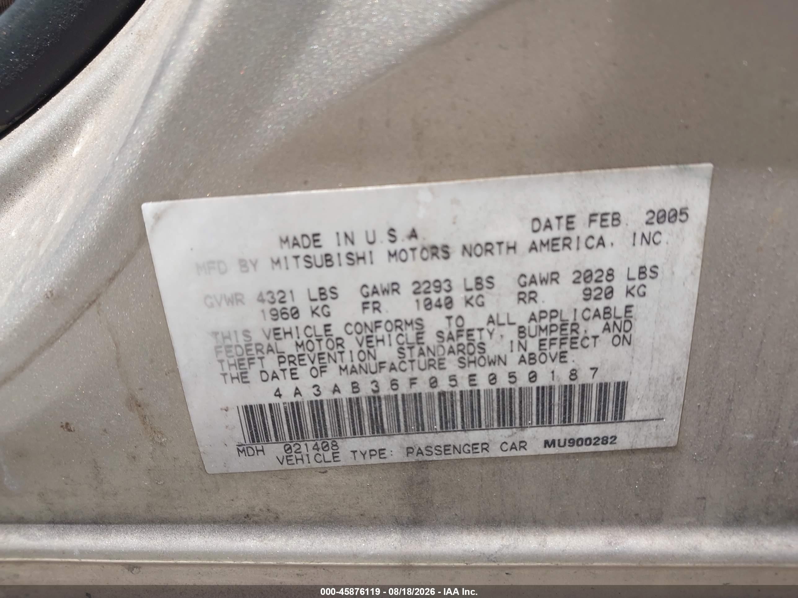 2005 Mitsubishi Galant Es/se Silver vin: 4A3AB36F05E050187
