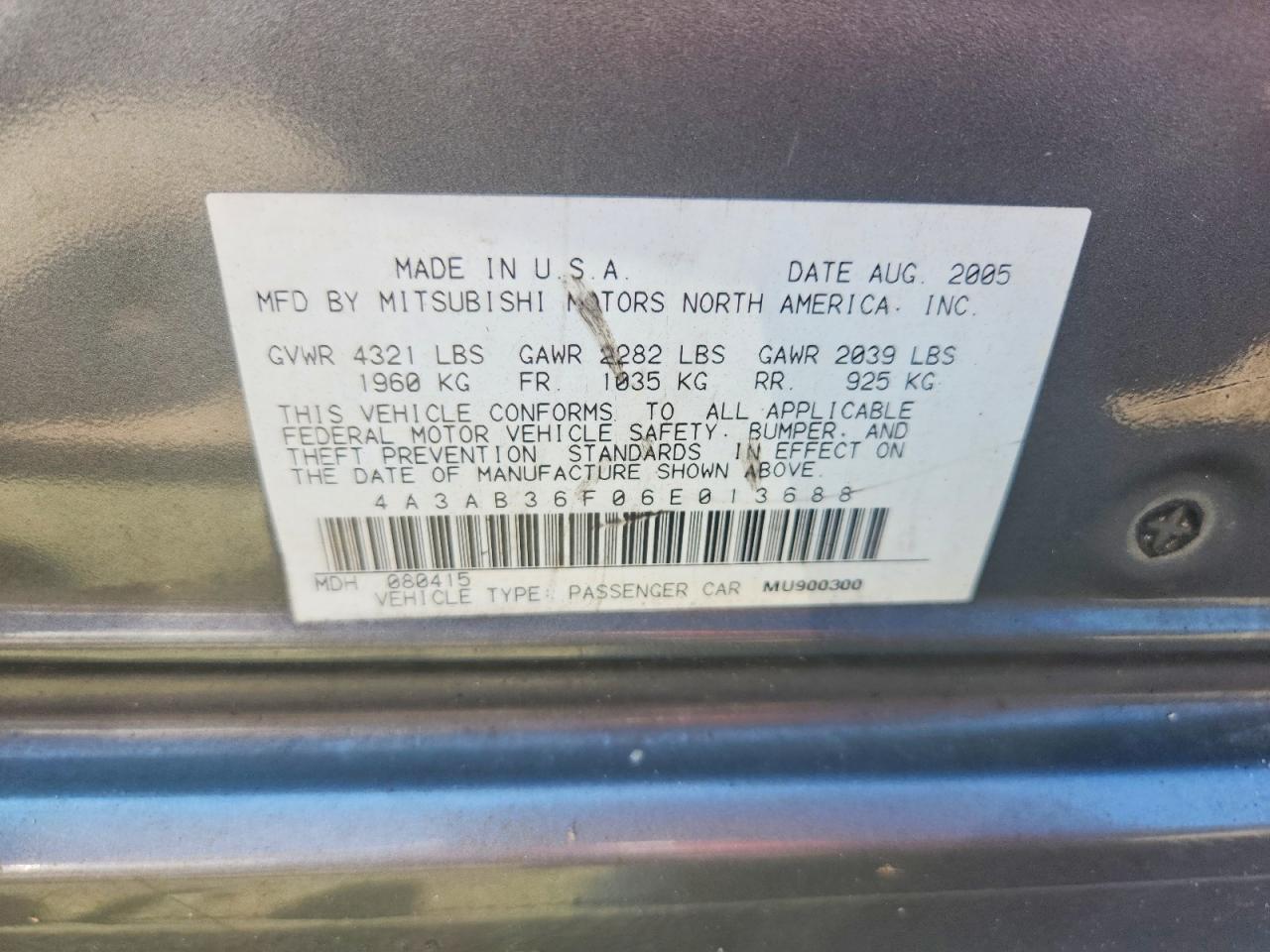 2006 Mitsubishi Galant Es Medium Gray vin: 4A3AB36F06E013688