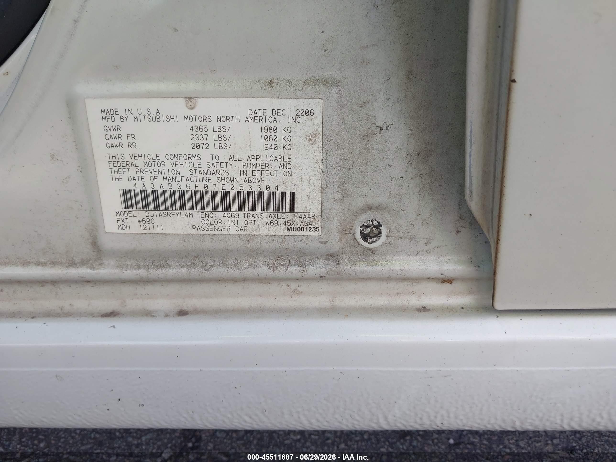 2007 Mitsubishi Galant Es/se White vin: 4A3AB36F07E053304