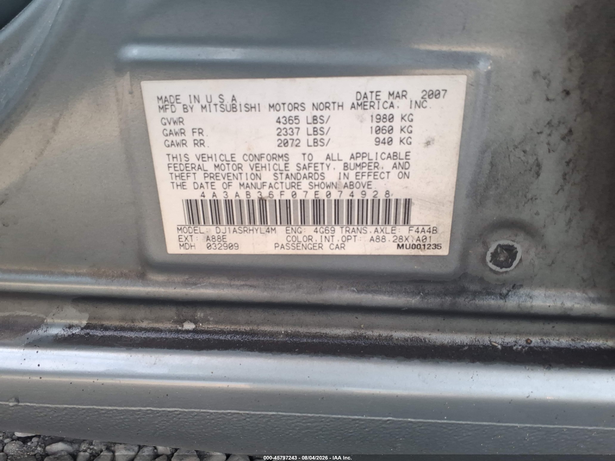 2007 Mitsubishi Galant Es/se Gray vin: 4A3AB36F07E074928