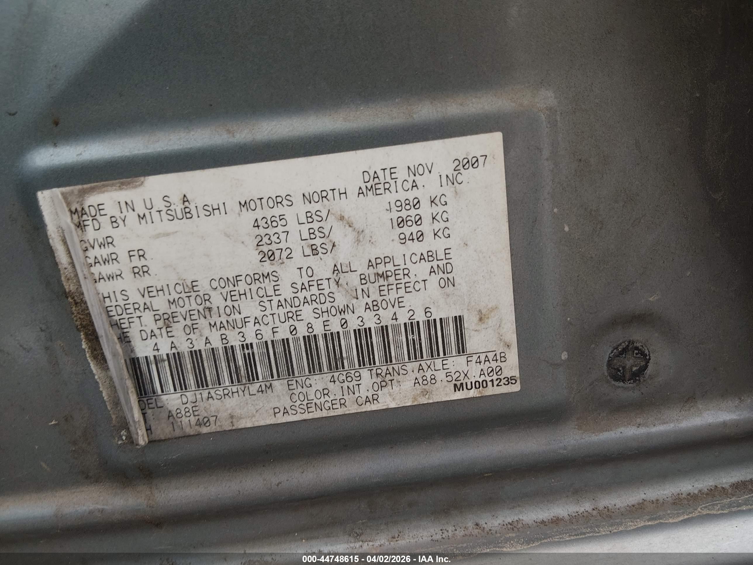 2008 Mitsubishi Galant Es Gray vin: 4A3AB36F08E033426