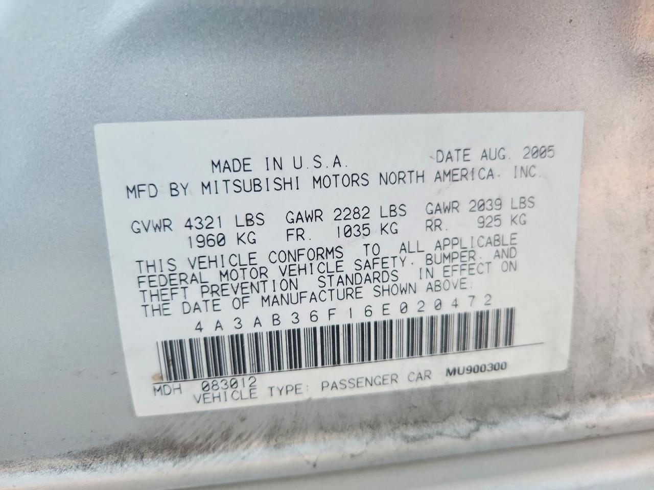 2006 Mitsubishi Galant Es Medium Silver vin: 4A3AB36F16E020472