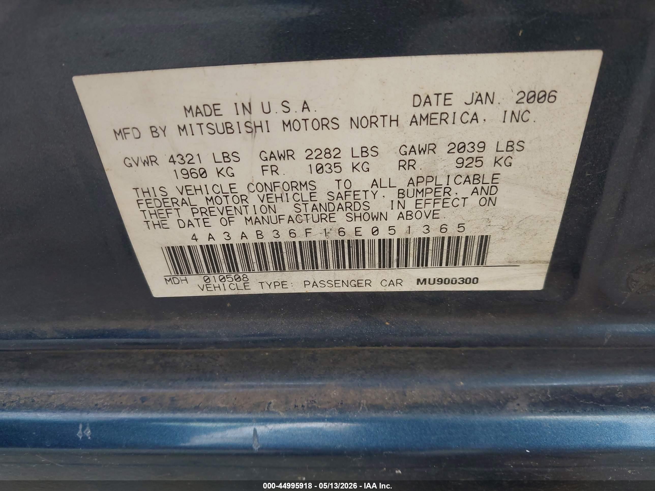 2006 Mitsubishi Galant Es/se Blue vin: 4A3AB36F16E051365