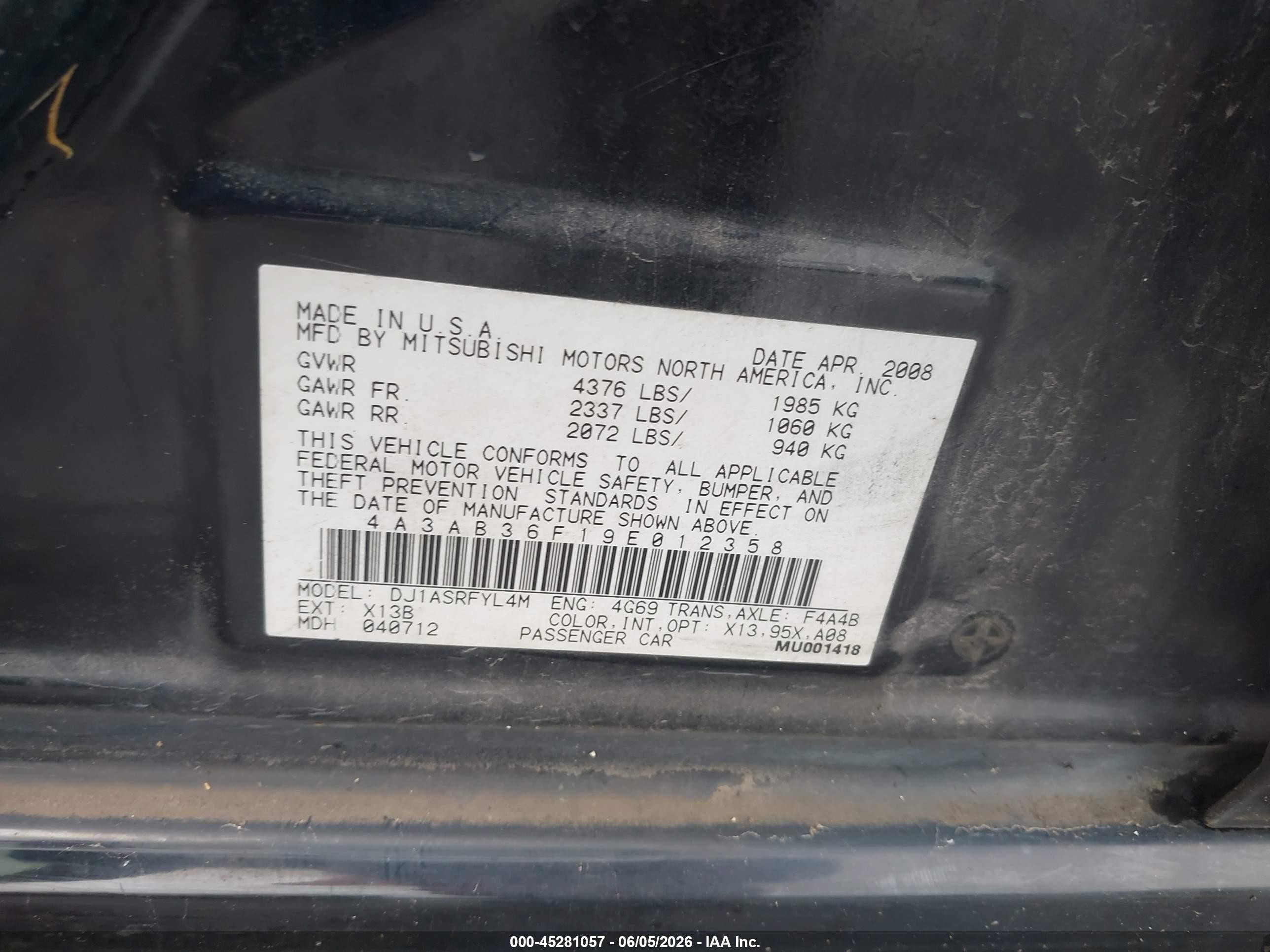 2009 Mitsubishi Galant Es/sport Edition Black vin: 4A3AB36F19E012358