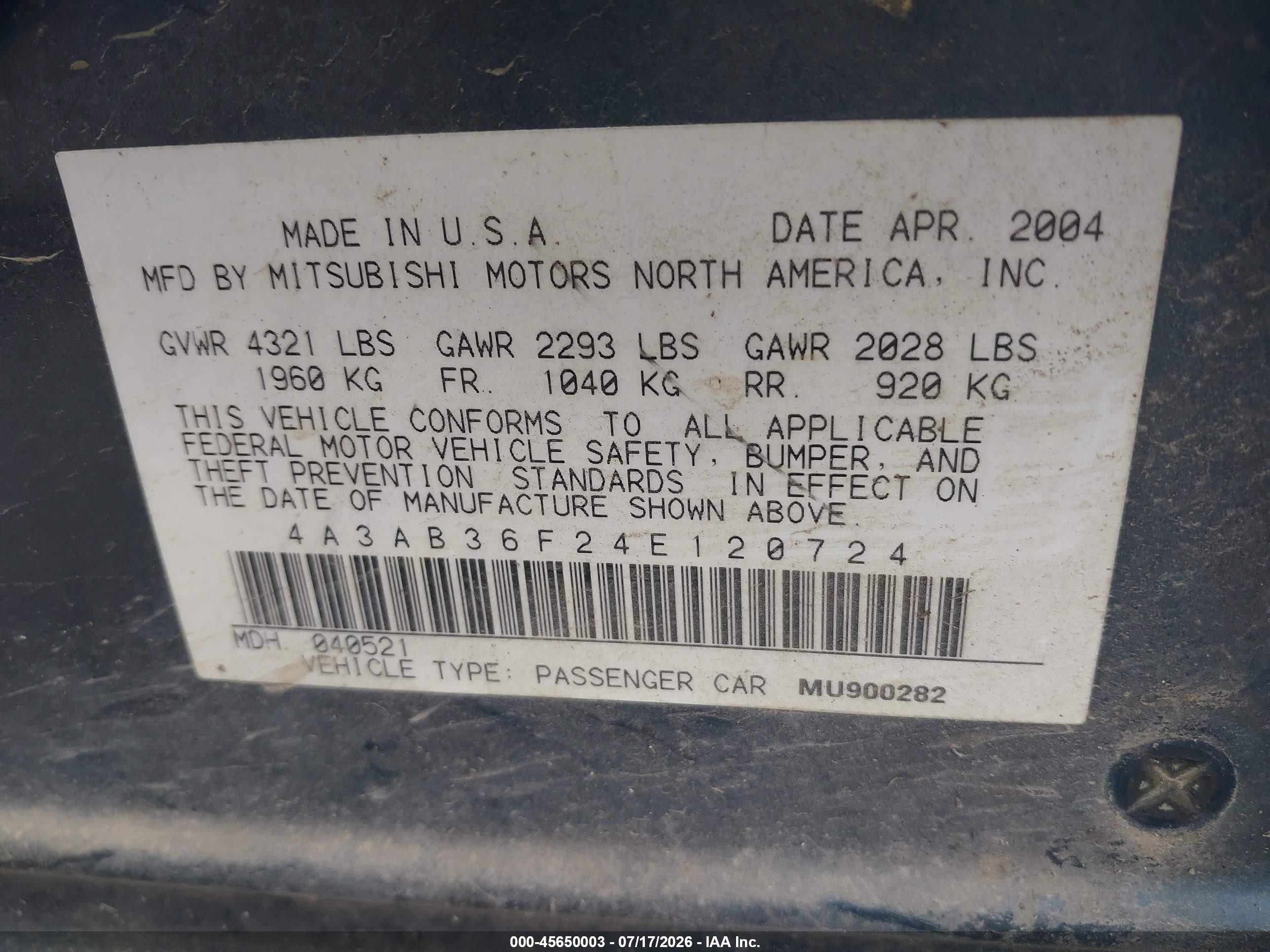 2004 Mitsubishi Galant Es Black vin: 4A3AB36F24E120724