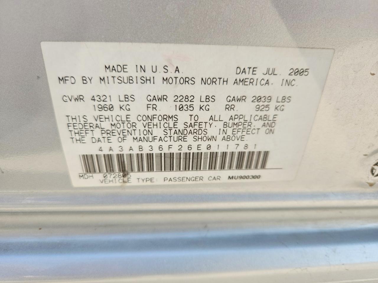 2006 Mitsubishi Galant Es Medium Silver vin: 4A3AB36F26E011781