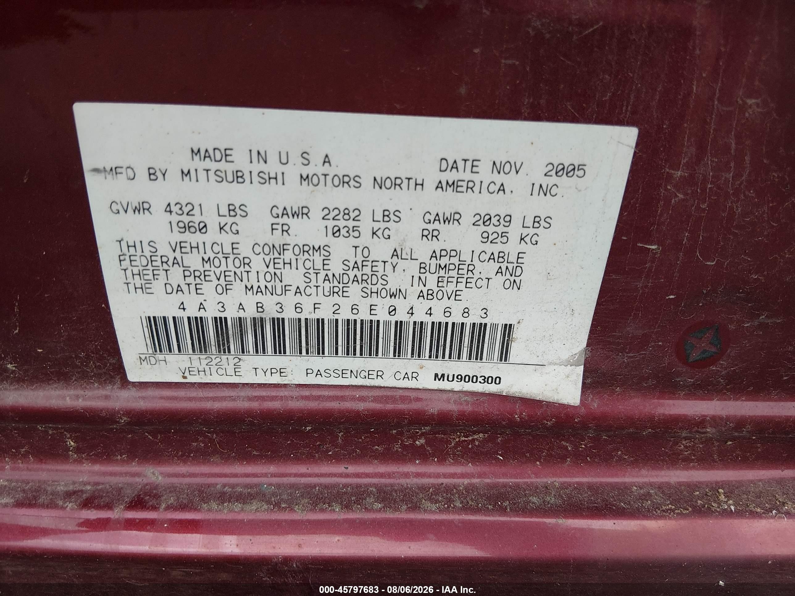 2006 Mitsubishi Galant Es/se Красный vin: 4A3AB36F26E044683