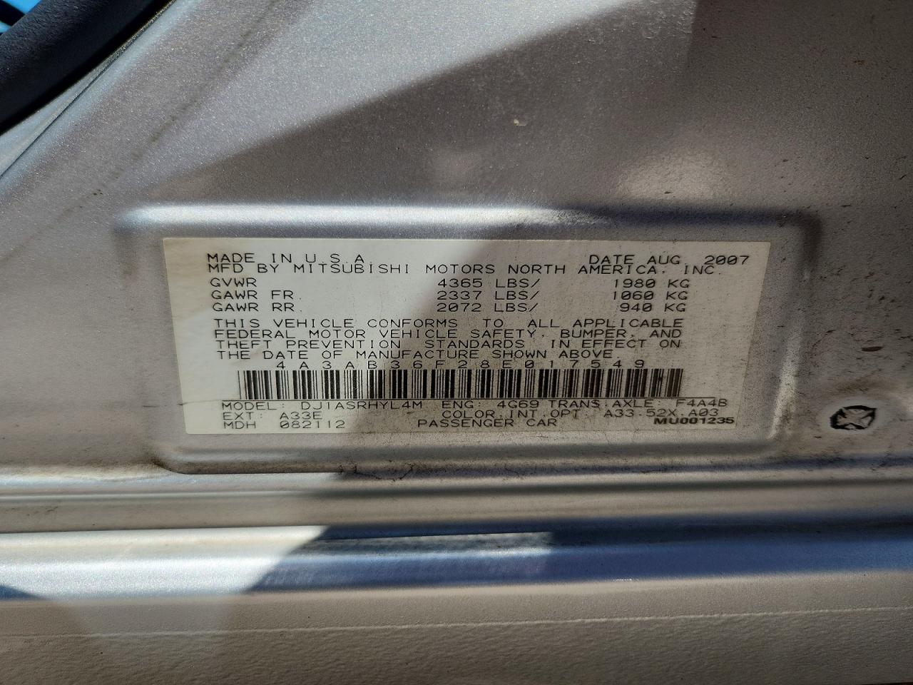 2008 Mitsubishi Galant Es Серебряный vin: 4A3AB36F28E017549