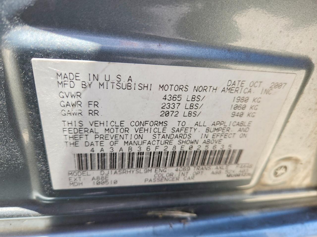 2008 Mitsubishi Galant Es Gray vin: 4A3AB36F28E025635