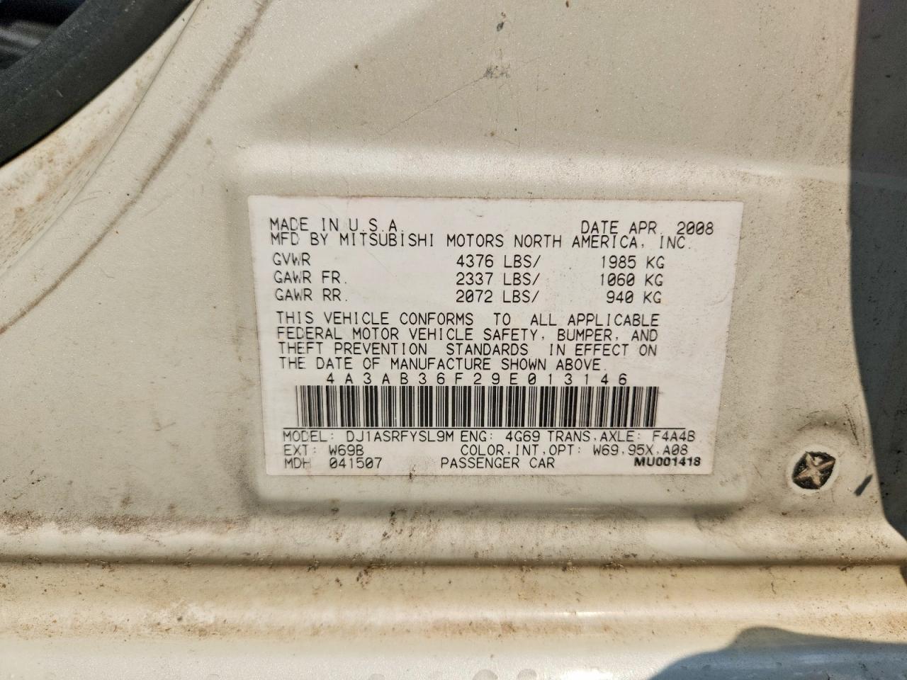 2009 Mitsubishi Galant Es White vin: 4A3AB36F29E013146