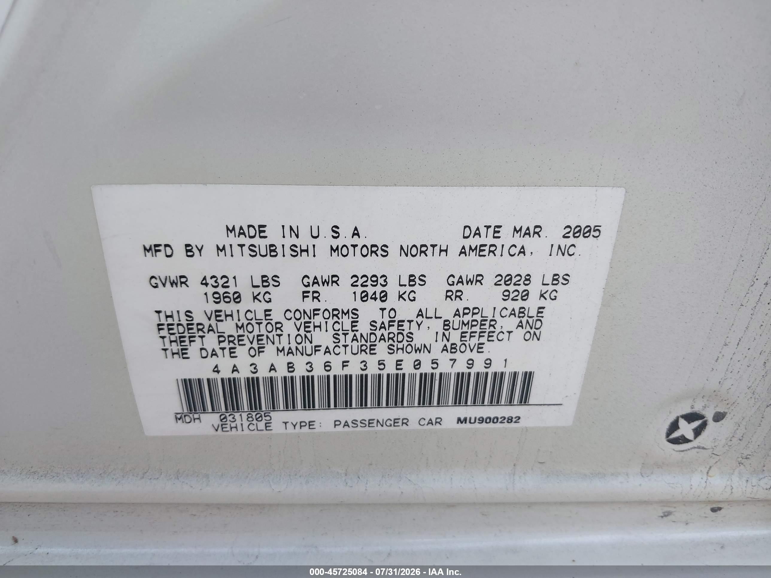2005 Mitsubishi Galant Es/se White vin: 4A3AB36F35E057991