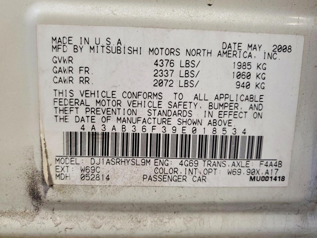 2009 Mitsubishi Galant Es White vin: 4A3AB36F39E018534