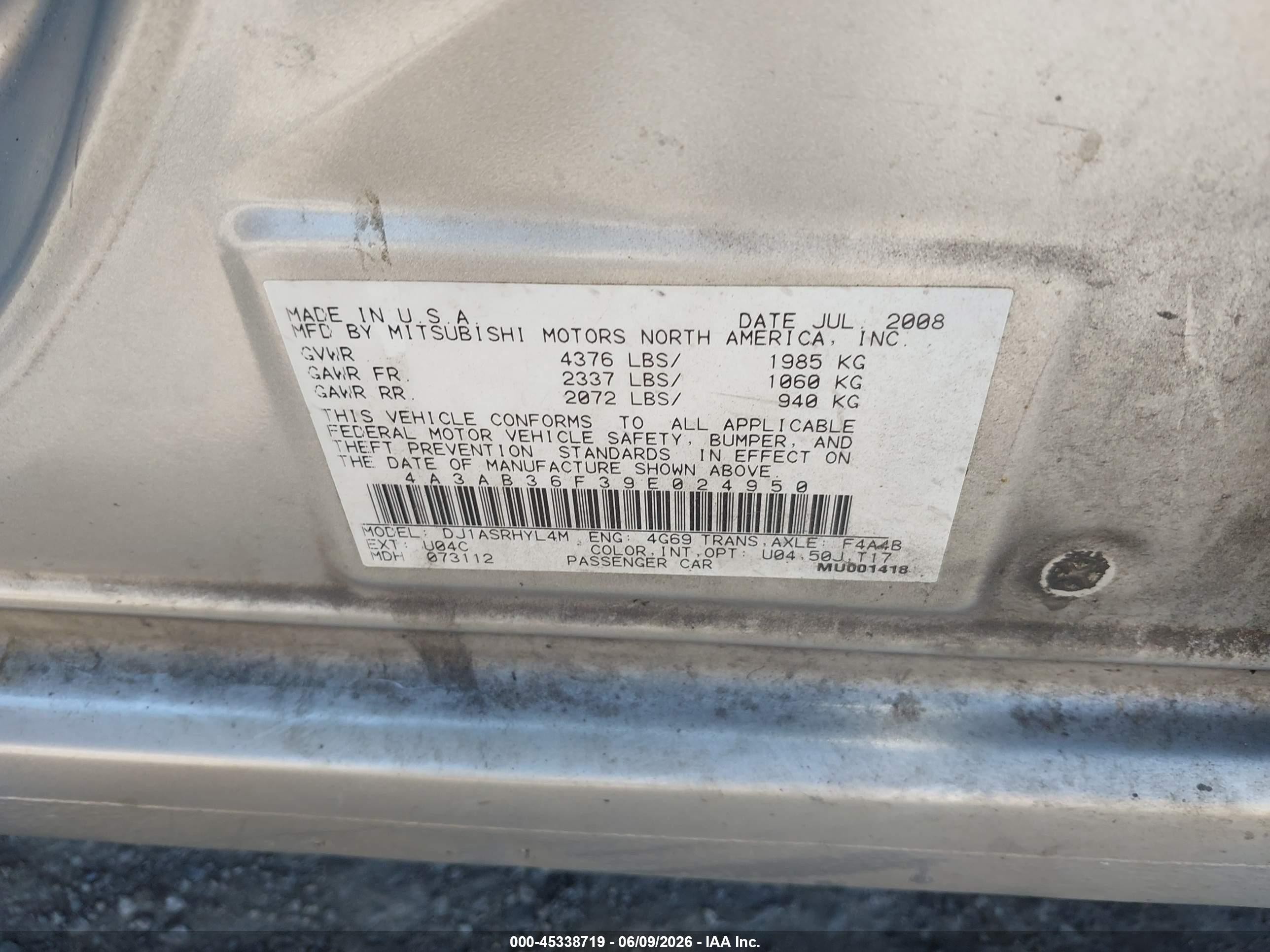 2009 Mitsubishi Galant Es/sport Edition Серебряный vin: 4A3AB36F39E024950