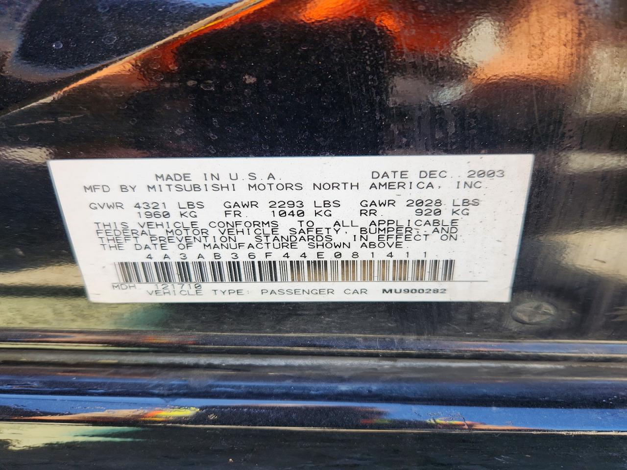2004 Mitsubishi Galant Es Medium Black vin: 4A3AB36F44E081411