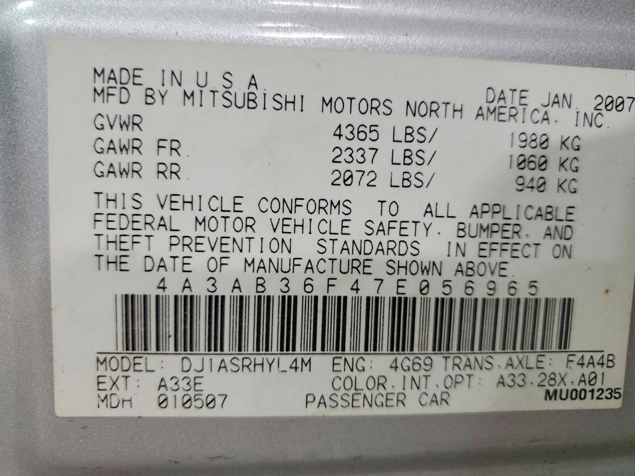 2007 Mitsubishi Galant Es Silver vin: 4A3AB36F47E056965