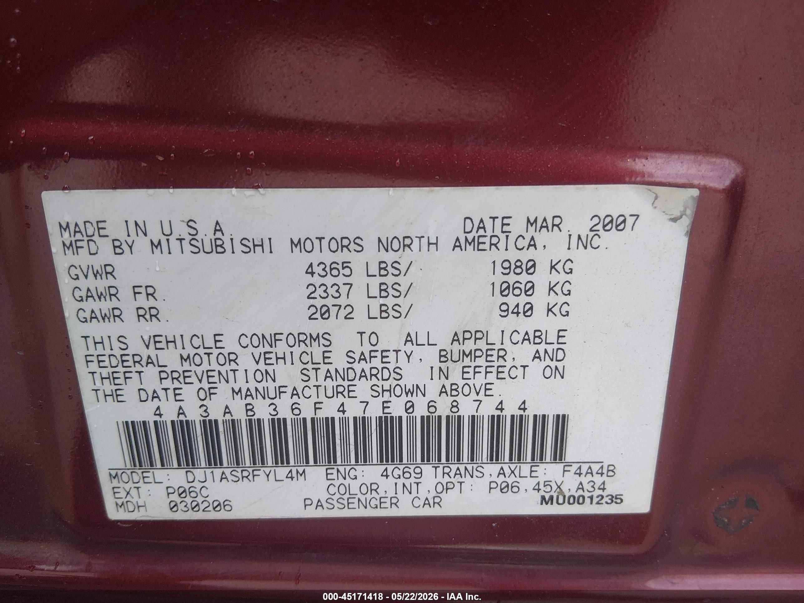 2007 Mitsubishi Galant Es/se Burgundy vin: 4A3AB36F47E068744