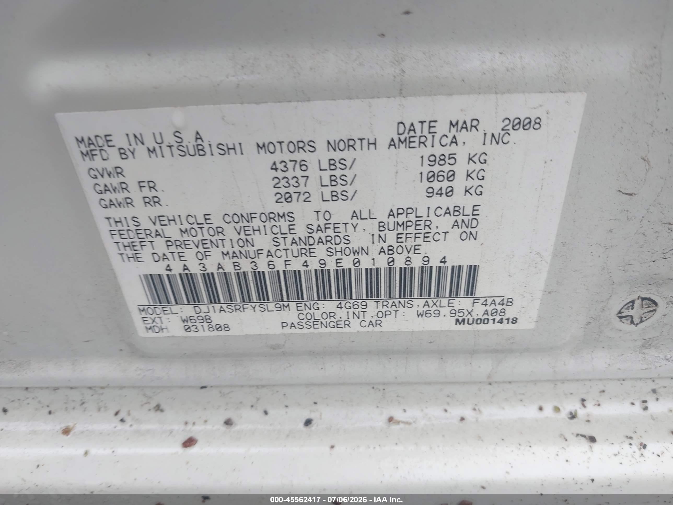 2009 Mitsubishi Galant Es/sport Edition Белый vin: 4A3AB36F49E010894
