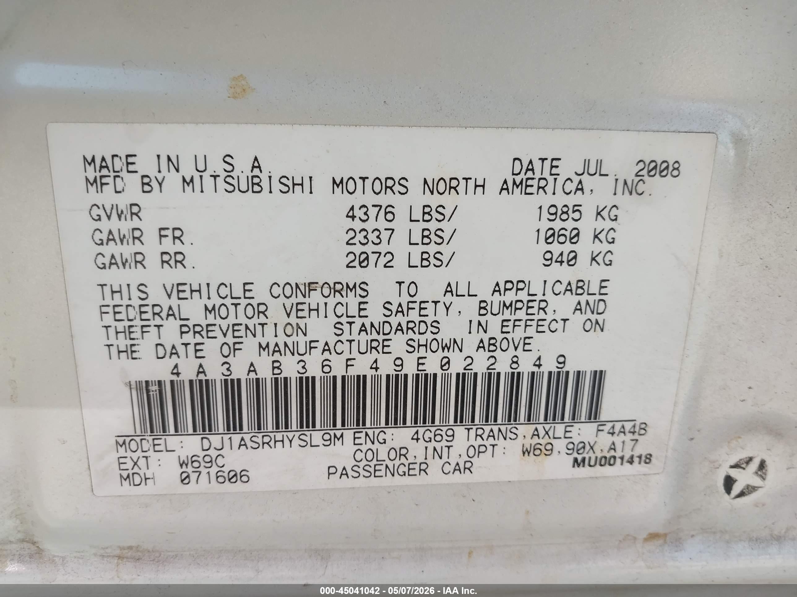 2009 Mitsubishi Galant Es/sport Edition White vin: 4A3AB36F49E022849