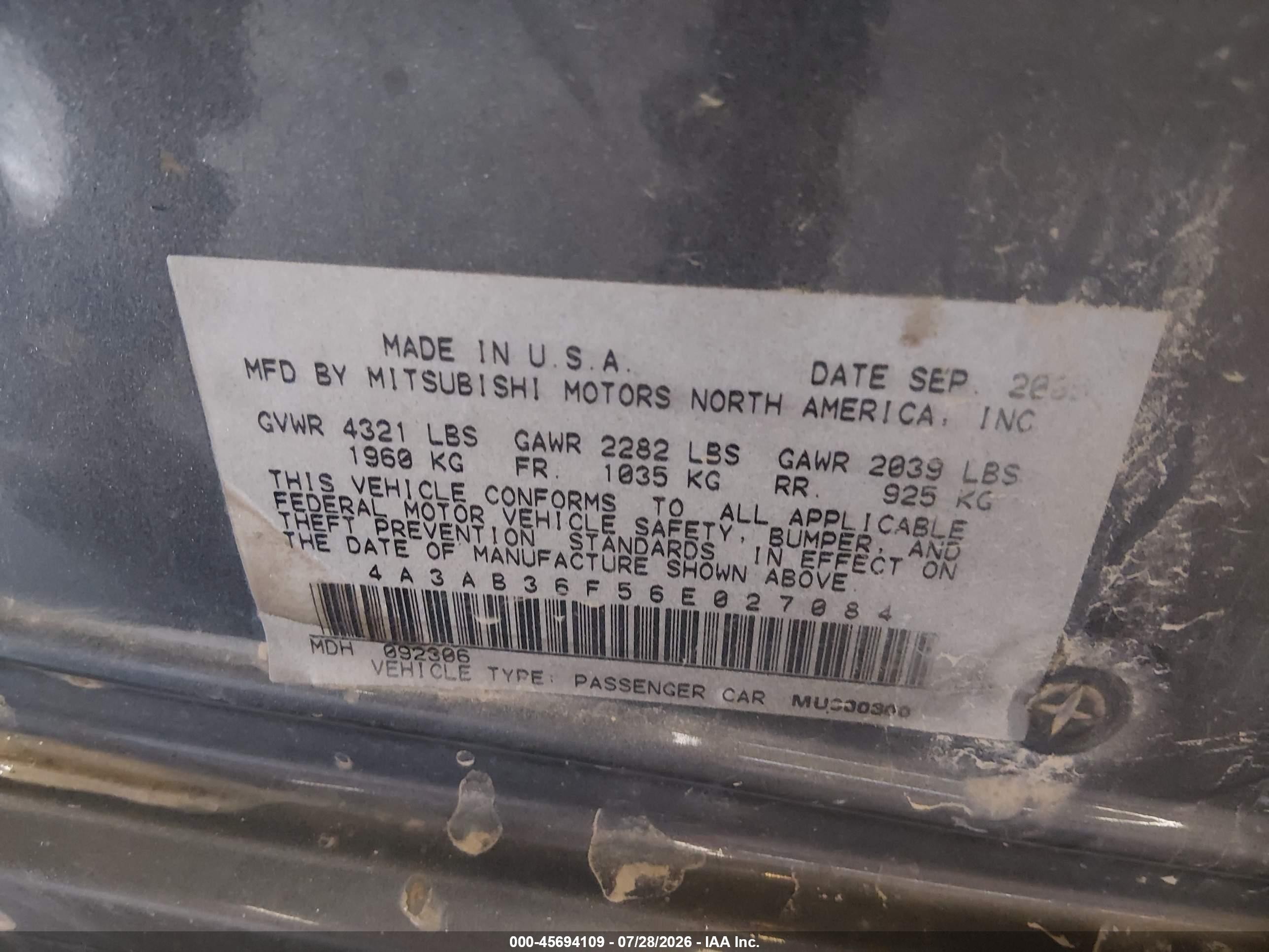 2006 Mitsubishi Galant Es/se Gray vin: 4A3AB36F56E027084