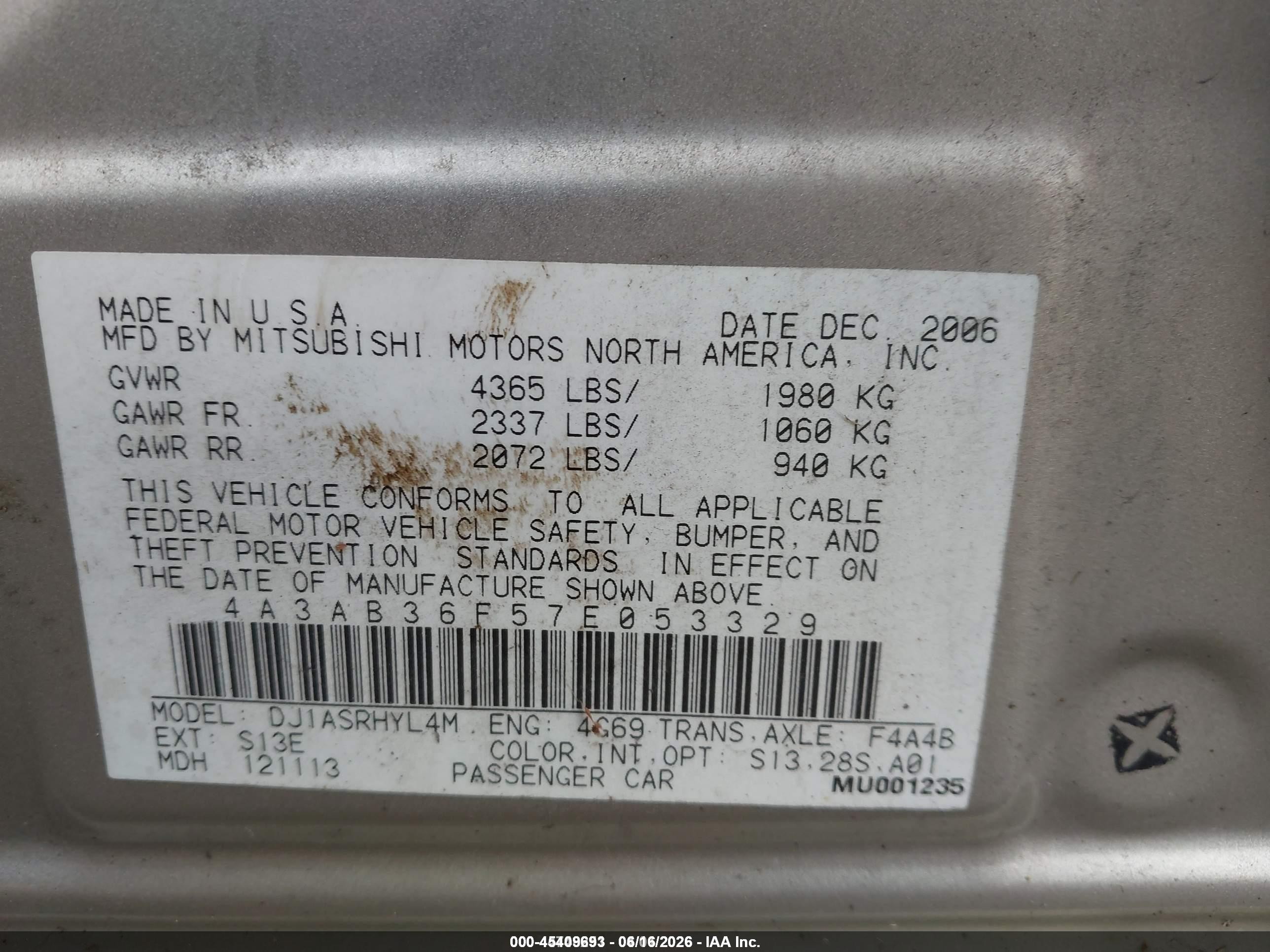 2007 Mitsubishi Galant Es/se vin: 4A3AB36F57E053329