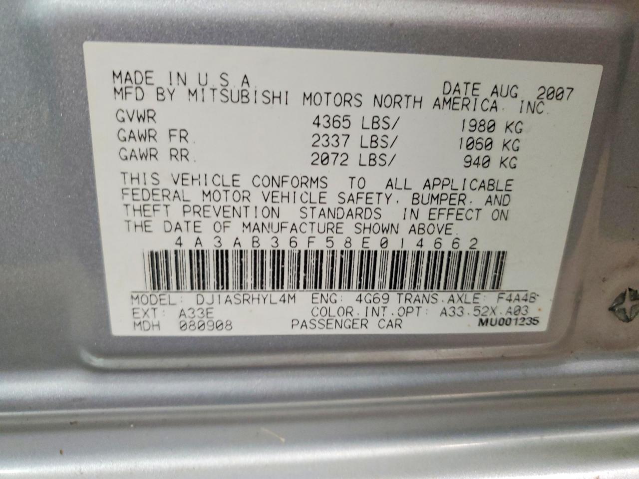 2008 Mitsubishi Galant Es Silver vin: 4A3AB36F58E014662