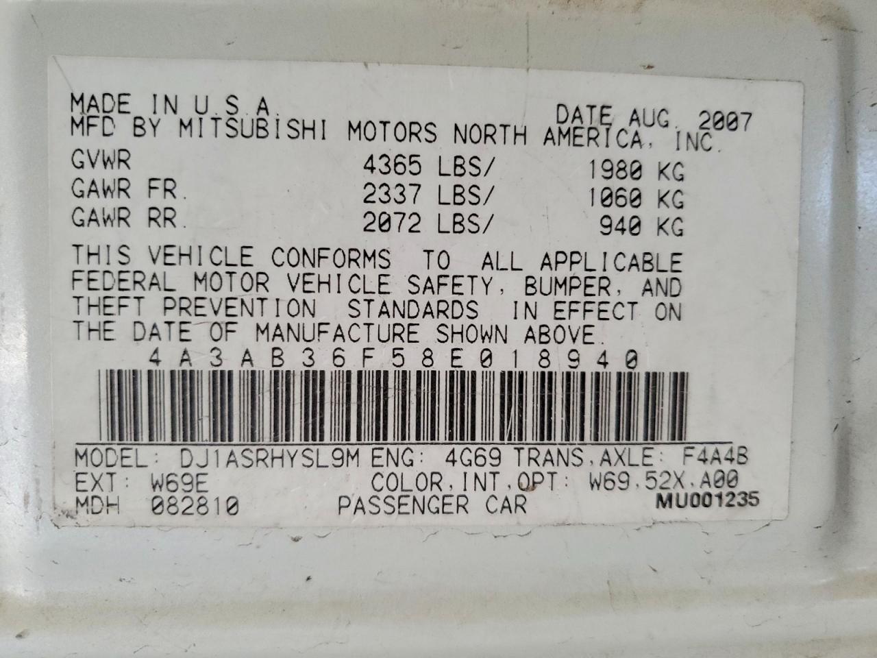 2008 Mitsubishi Galant Es White vin: 4A3AB36F58E018940