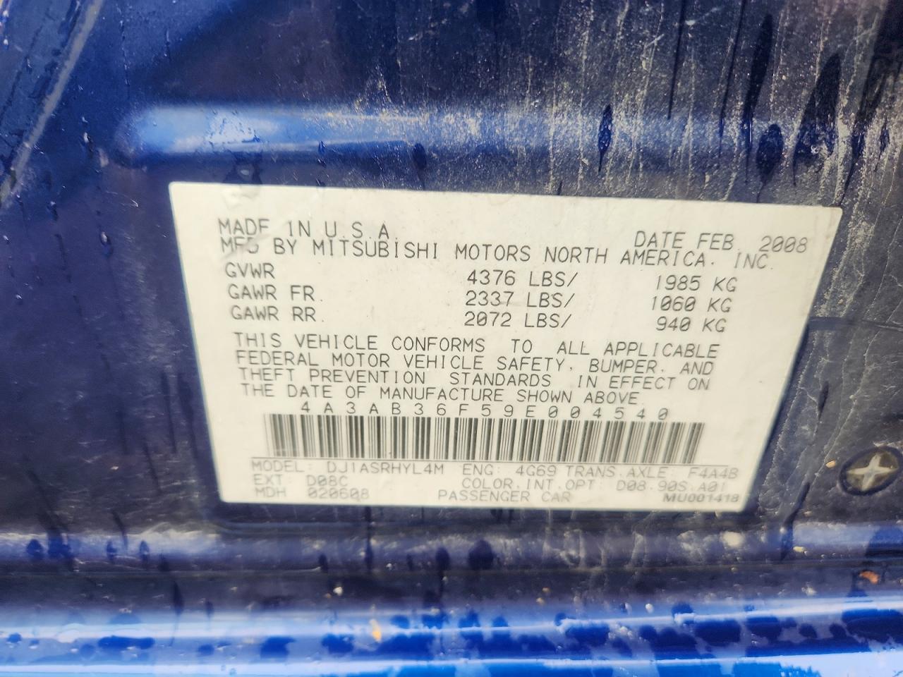 2009 Mitsubishi Galant Es Blue vin: 4A3AB36F59E004540