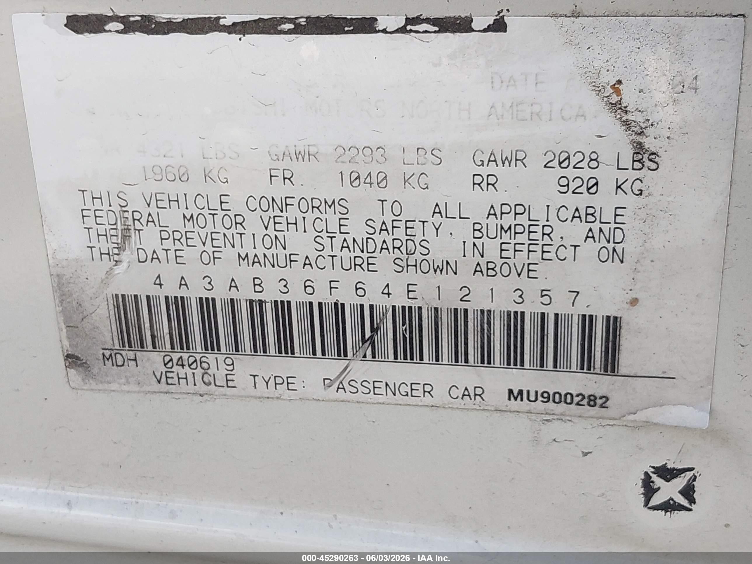 2004 Mitsubishi Galant Es White vin: 4A3AB36F64E121357