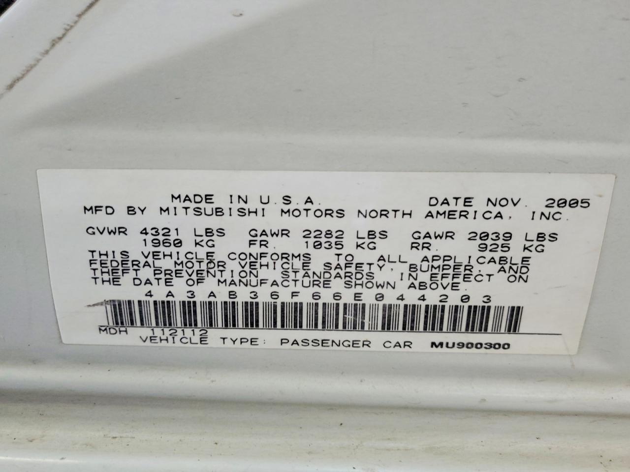 2006 Mitsubishi Galant Es Medium White vin: 4A3AB36F66E044203