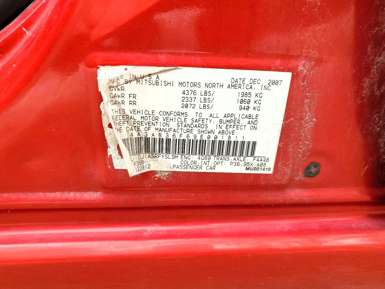 2009 Mitsubishi Galant Es Red vin: 4A3AB36F69E001811