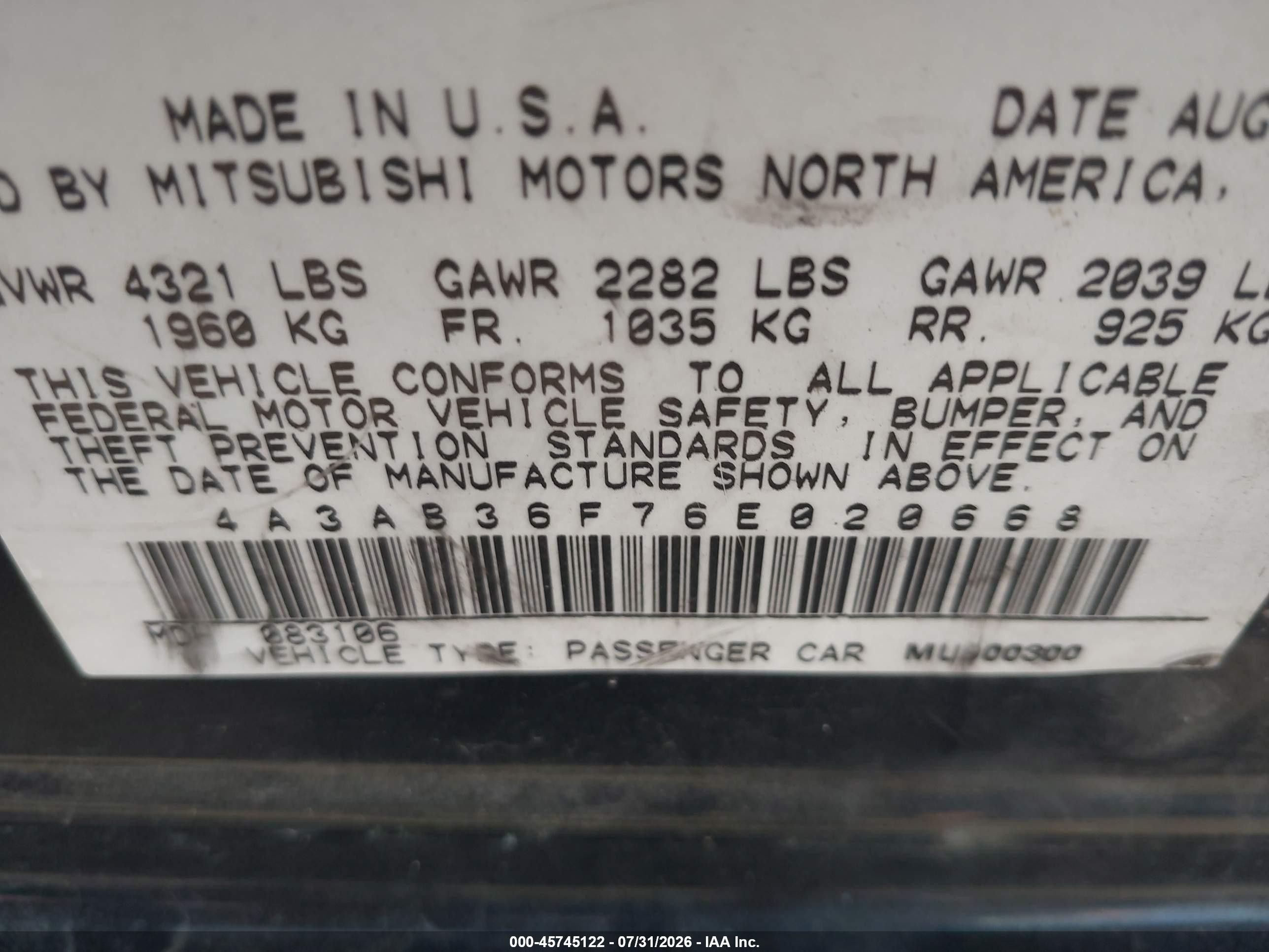2006 Mitsubishi Galant Es/se Black vin: 4A3AB36F76E020668
