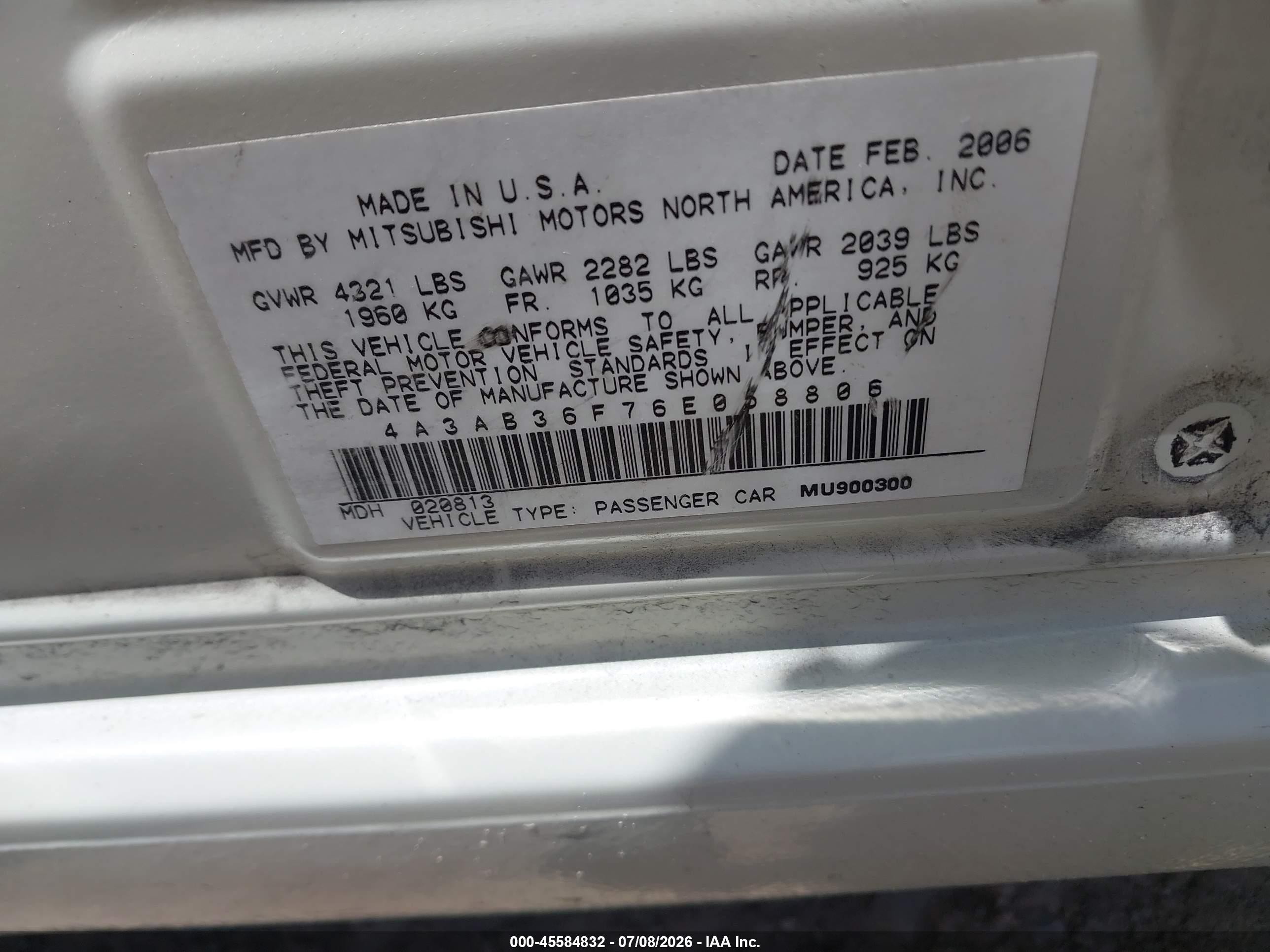 2006 Mitsubishi Galant Es/se White vin: 4A3AB36F76E058806