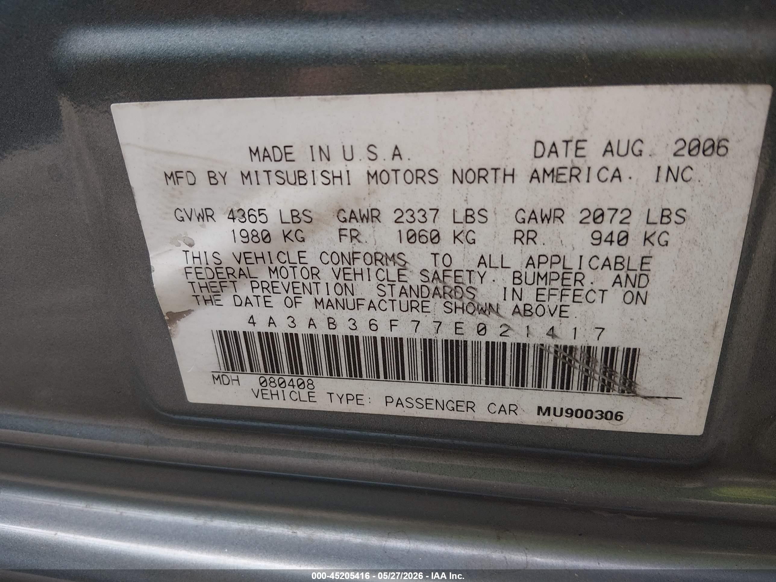 2007 Mitsubishi Galant Es/se Gray vin: 4A3AB36F77E021417