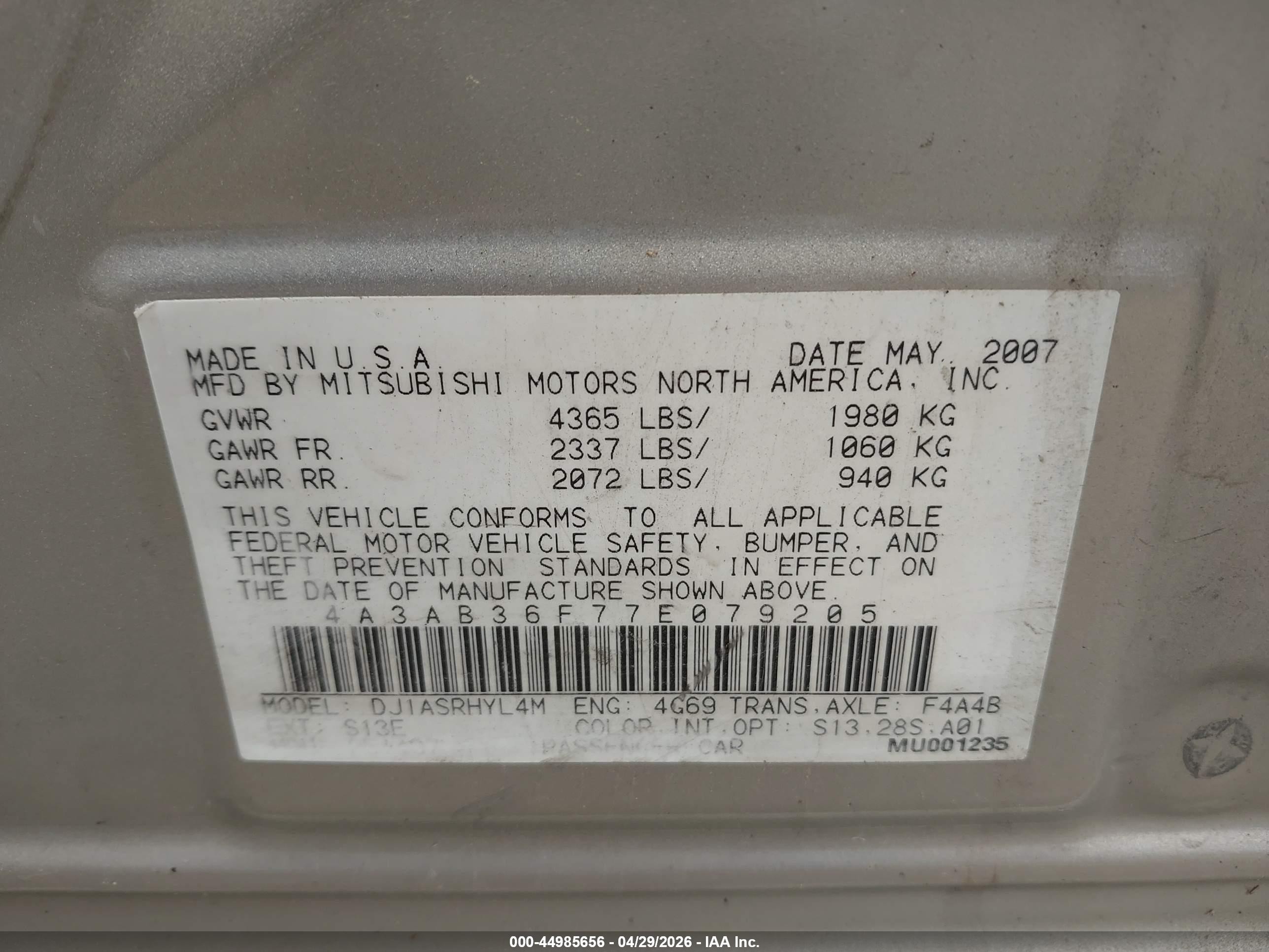 2007 Mitsubishi Galant Es/se Green vin: 4A3AB36F77E079205