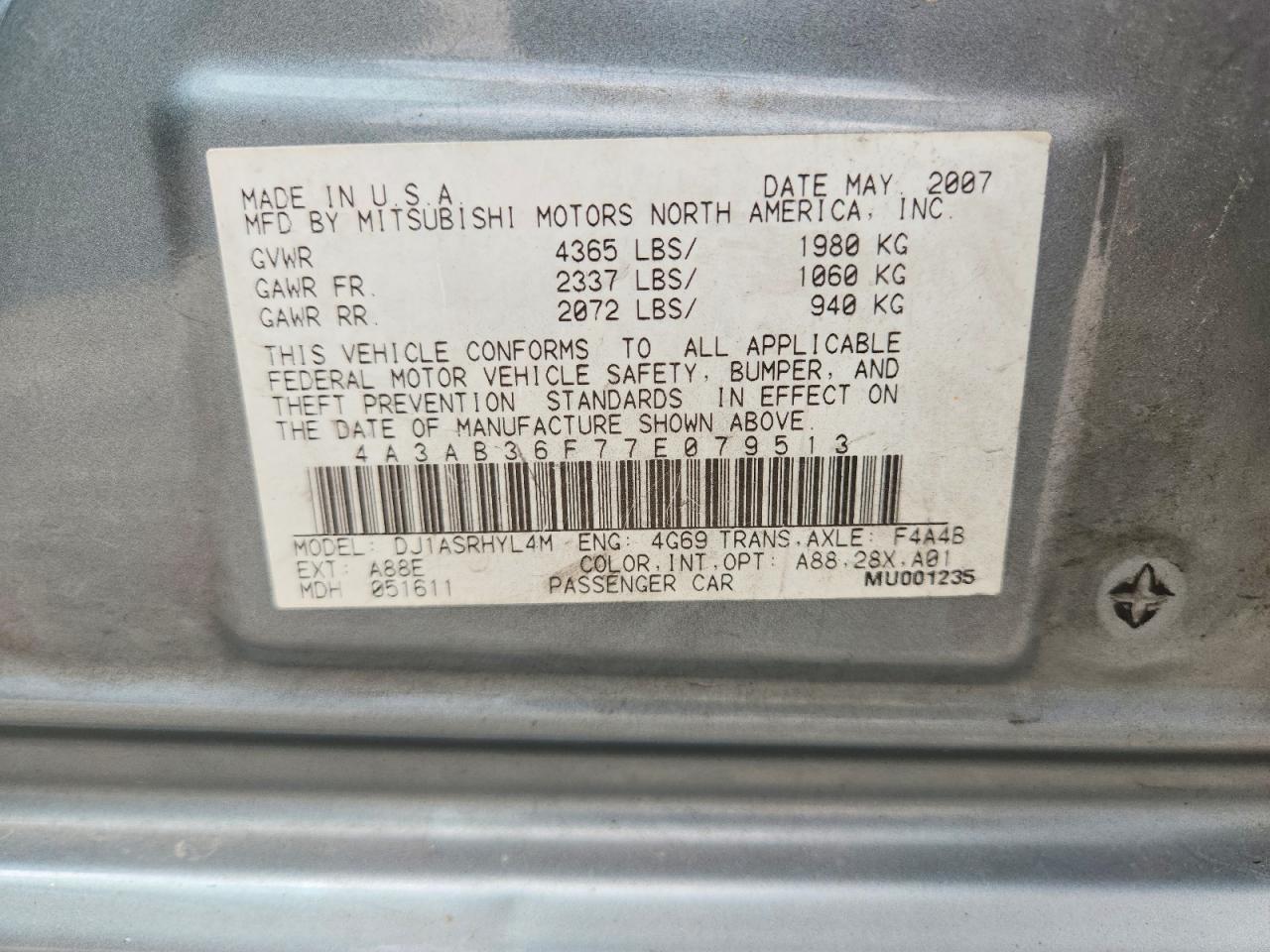 2007 Mitsubishi Galant Es Gray vin: 4A3AB36F77E079513