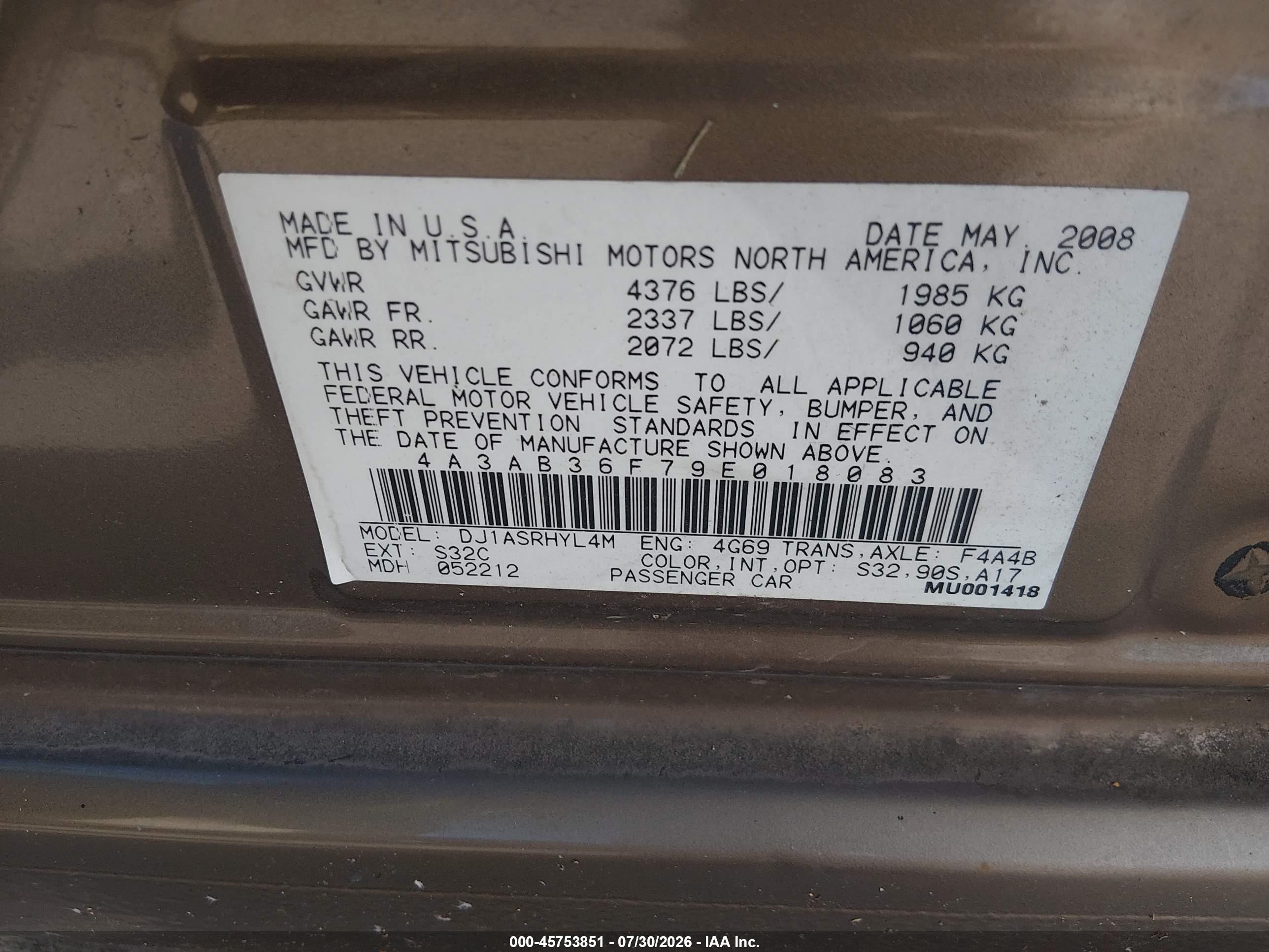 2009 Mitsubishi Galant Es/sport Edition Brown vin: 4A3AB36F79E018083