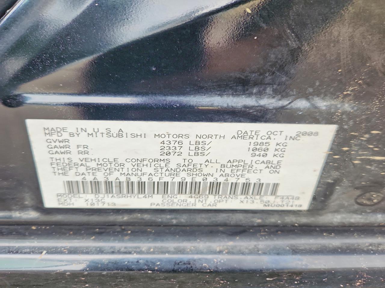 2009 Mitsubishi Galant Es Black vin: 4A3AB36F79E034753