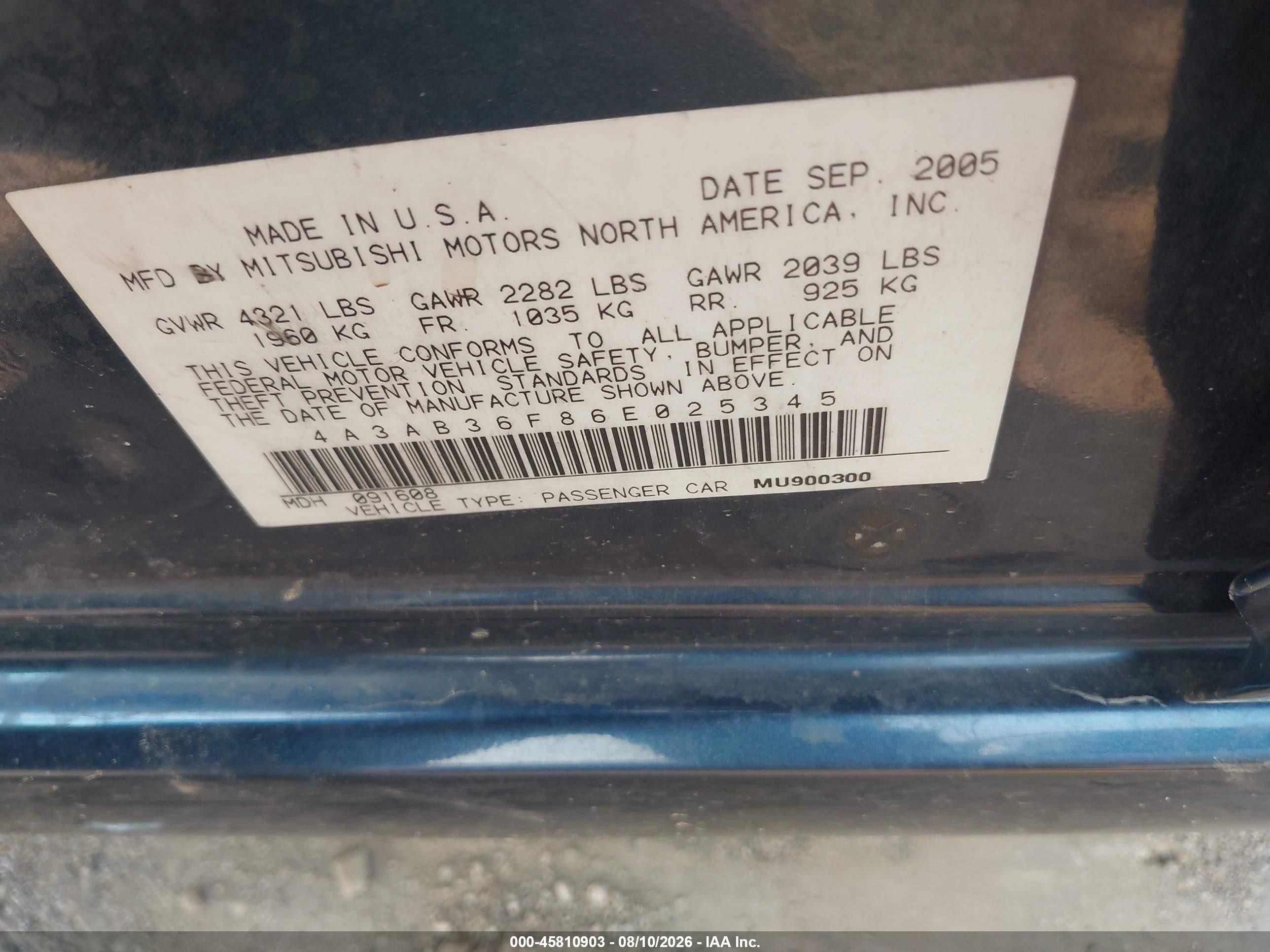 2006 Mitsubishi Galant Es/se Dark Blue vin: 4A3AB36F86E025345