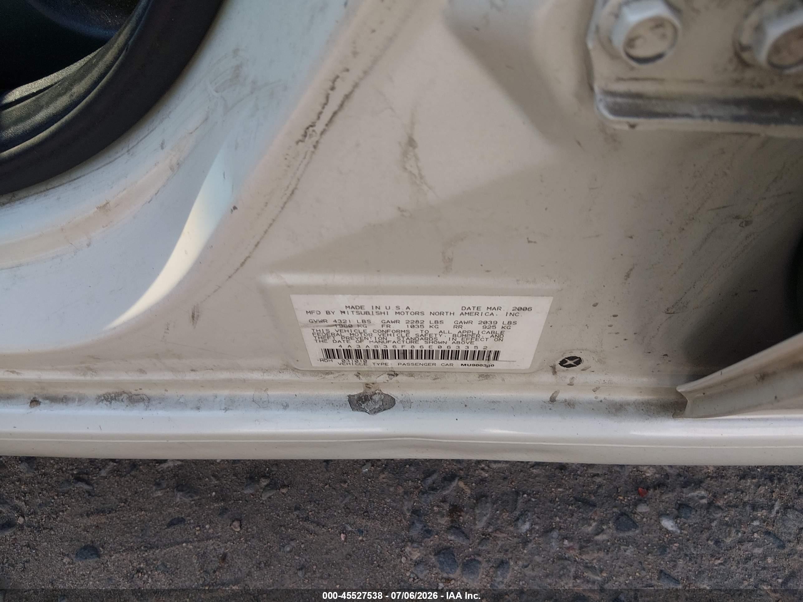 2006 Mitsubishi Galant Es/se Белый vin: 4A3AB36F86E063352