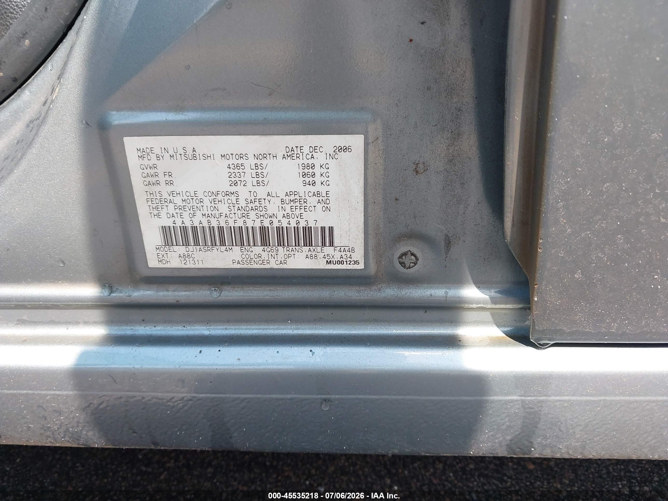 2007 Mitsubishi Galant Es/se Blue vin: 4A3AB36F87E054037