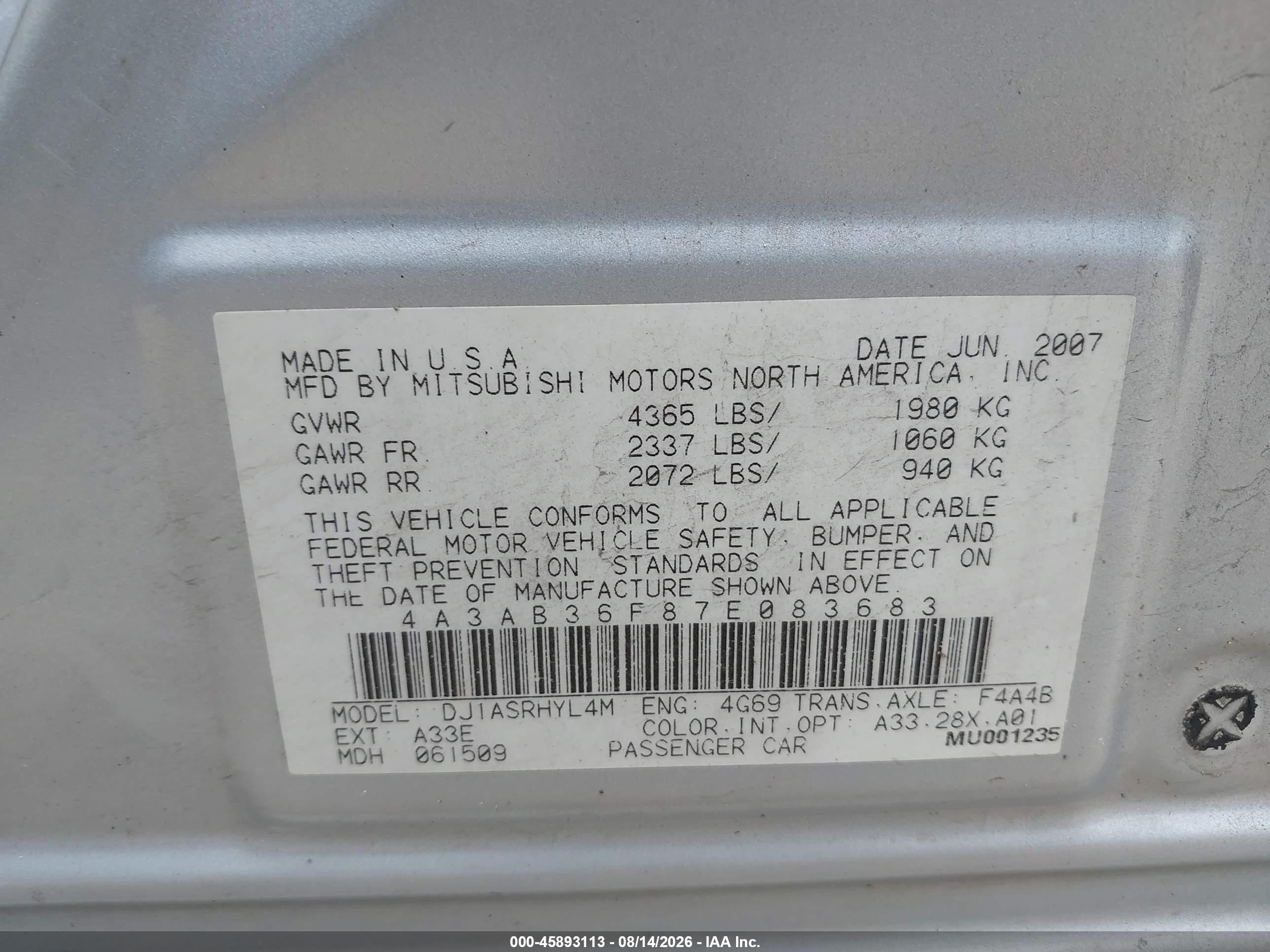 2007 Mitsubishi Galant Es/se Silver vin: 4A3AB36F87E083683