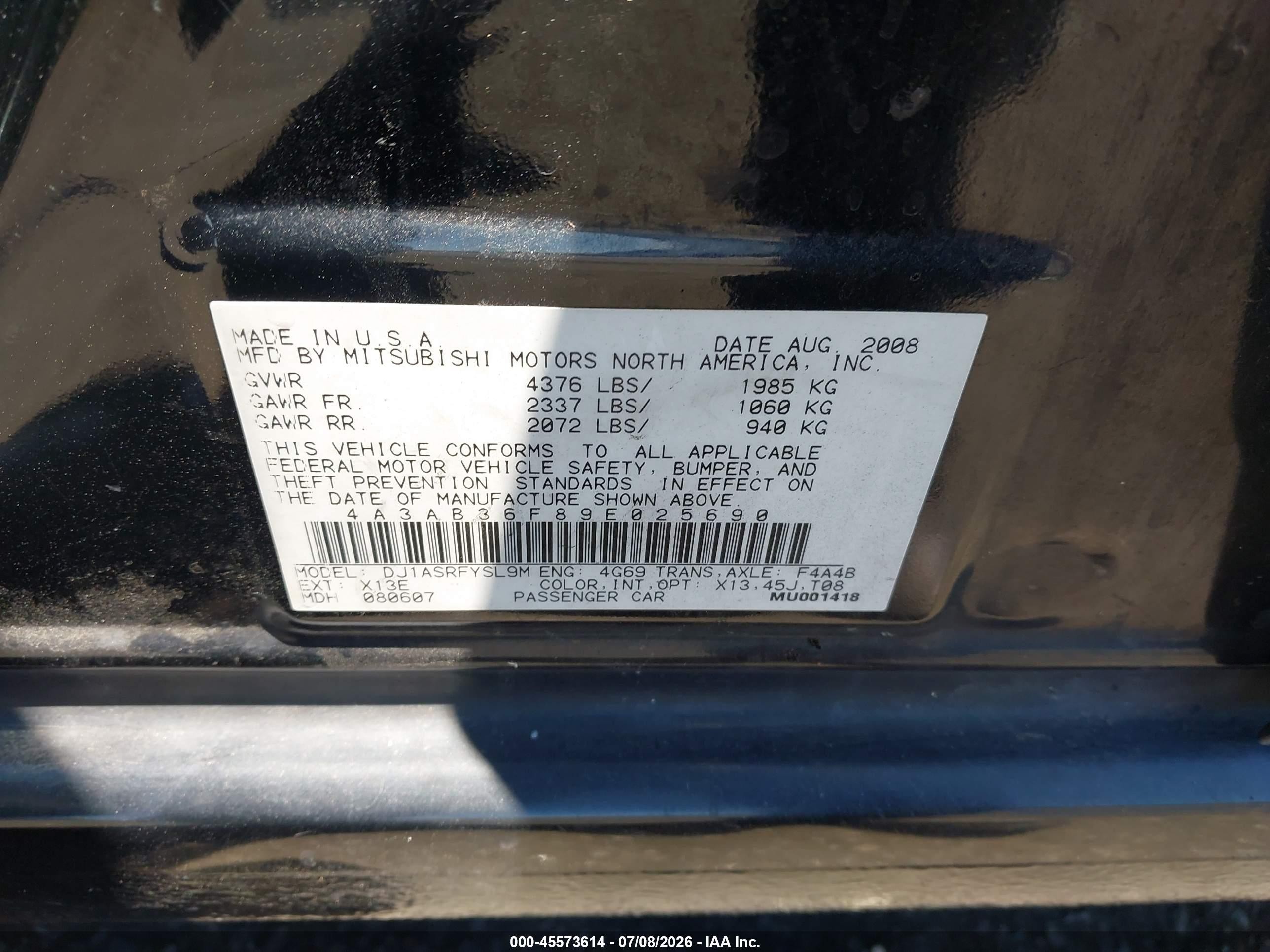 2009 Mitsubishi Galant Es/sport Edition Черный vin: 4A3AB36F89E025690