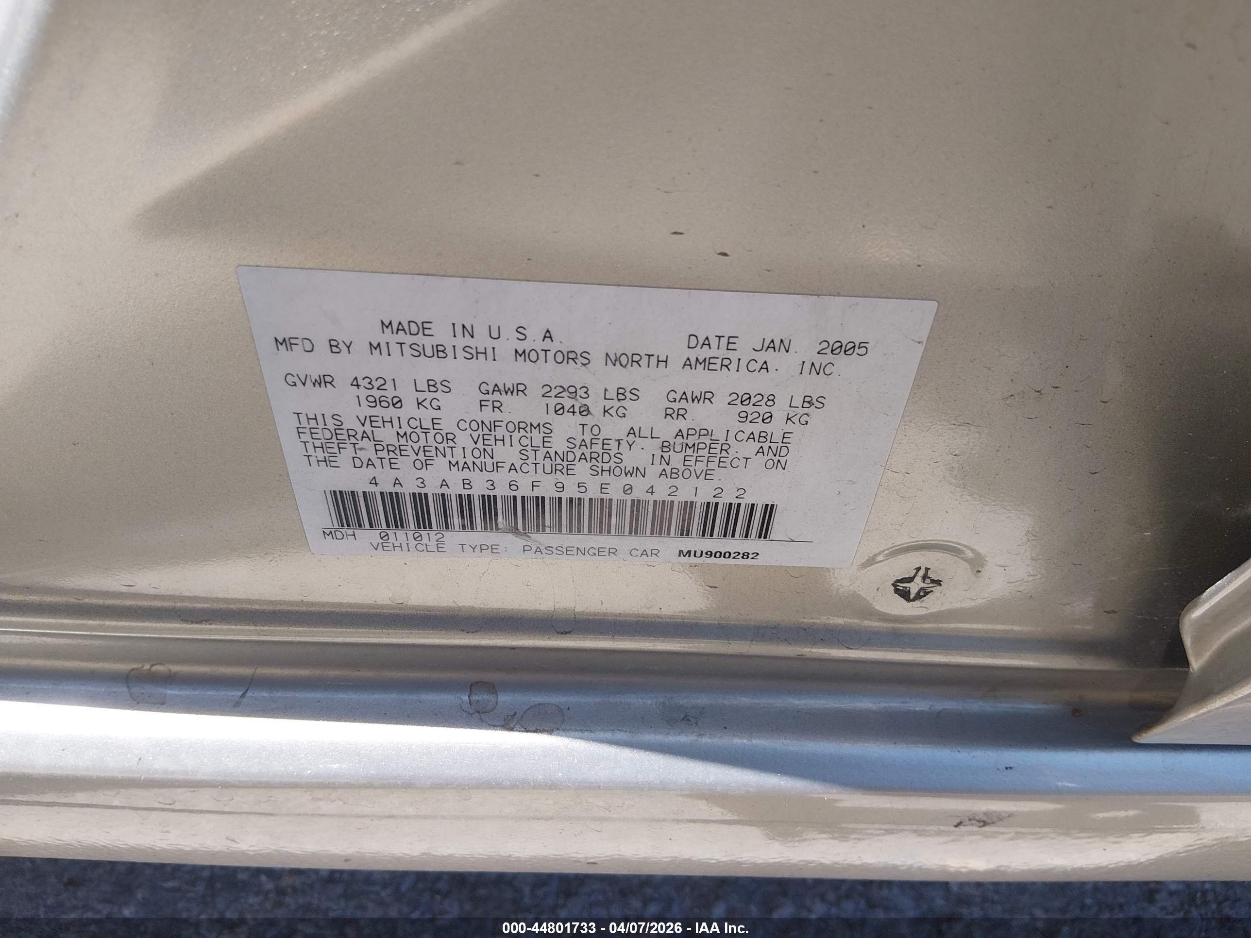 2005 Mitsubishi Galant Es/se Silver vin: 4A3AB36F95E042122