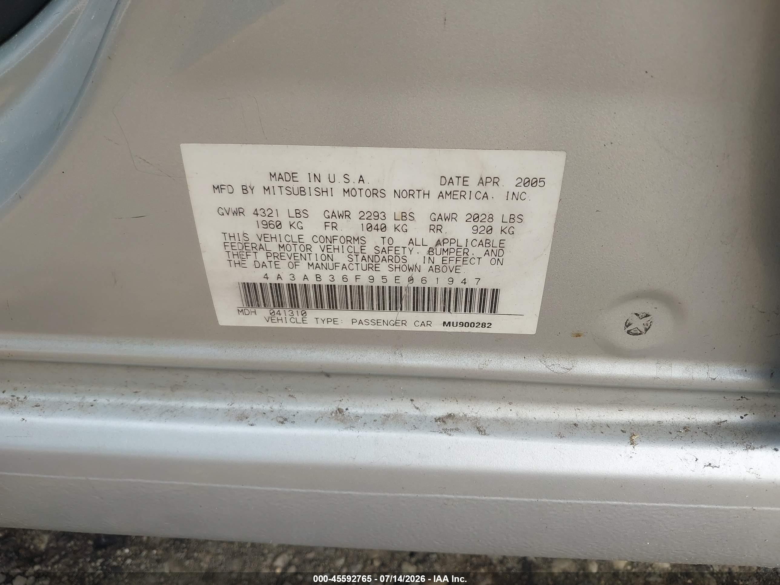 2005 Mitsubishi Galant Es/se Silver vin: 4A3AB36F95E061947