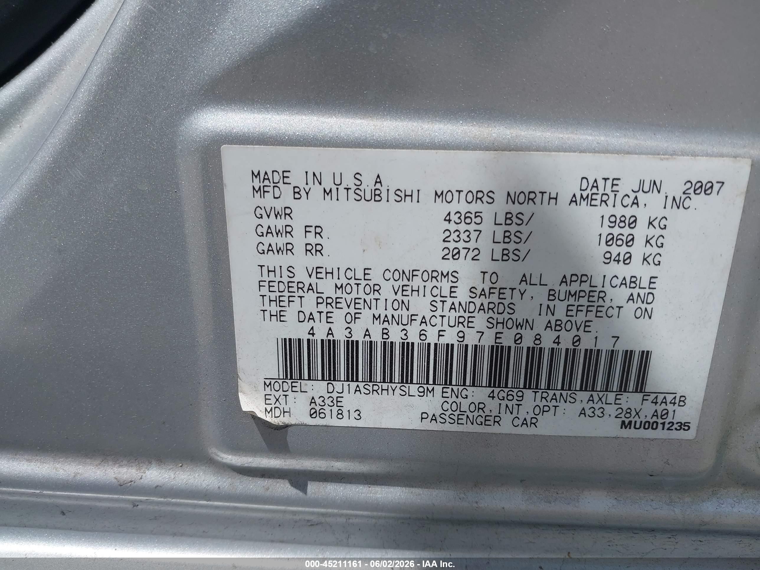 2007 Mitsubishi Galant Es/se Silver vin: 4A3AB36F97E084017